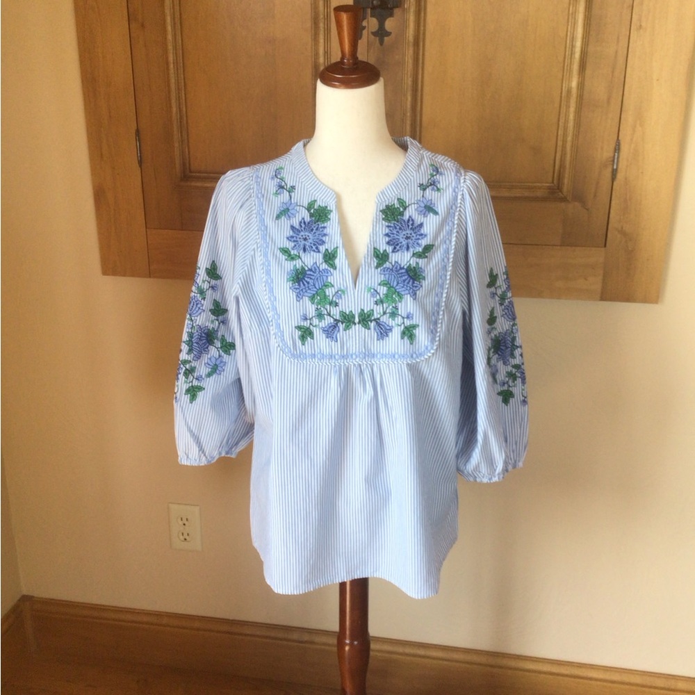 Talbots Cotton Blue Embroidered 3/4 Sleeve Tunic NWT
